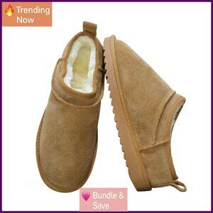 Fleece Lined Suede Ankle Boots Slip On Comfy Micro Slippers Water Repellent